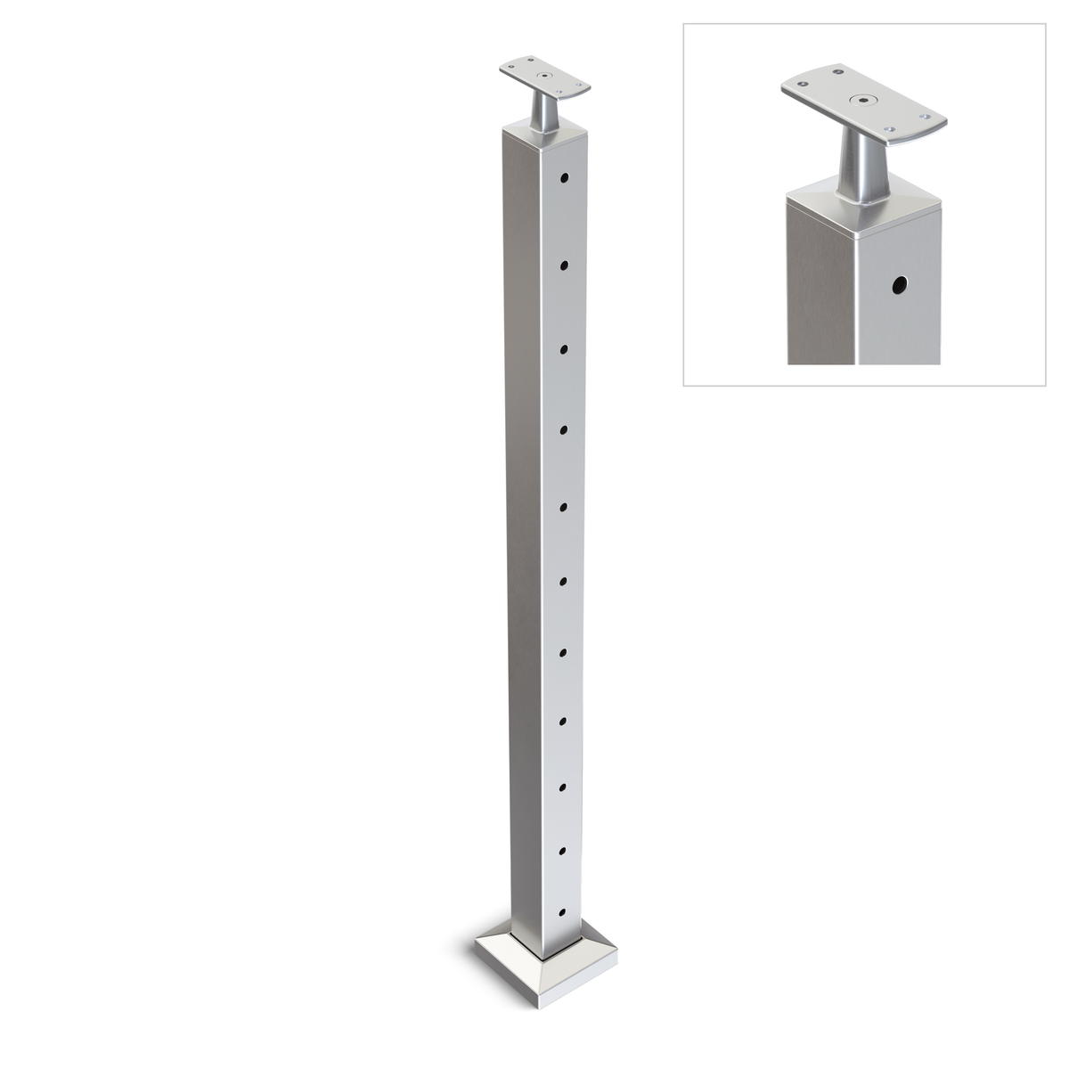 Square End Post with Straight Fixed Saddle - Flat Handrail - 960mm High - 50.8 x 50.8 x 3mm Tube - 11 x 9mm Holes in 1 Side - Heavy Duty Base Plate and Cover - 316 Grade Stainless Steel Satin finish