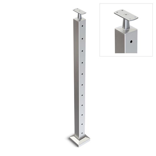 Square End Post with Straight Fixed Saddle - Flat Handrail - 960mm High - 50.8 x 50.8 x 3mm Tube - 11 x 9mm Holes in 1 Side - Heavy Duty Base Plate and Cover - 316 Grade Stainless Steel Satin finish