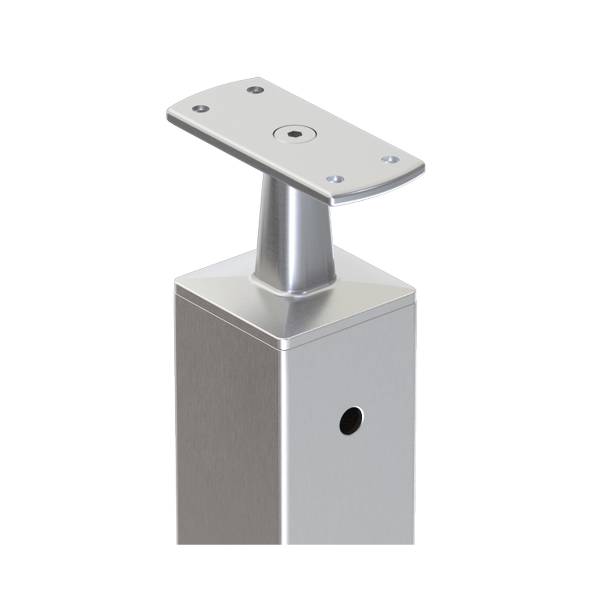 Square End Post with Straight Fixed Saddle - Flat Handrail - 960mm High - 50.8 x 50.8 x 3mm Tube - 11 x 9mm Holes in 1 Side - Heavy Duty Base Plate and Cover - 316 Grade Stainless Steel Satin finish