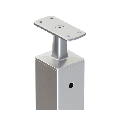 Square End Post with Straight Fixed Saddle - Flat Handrail - 960mm High - 50.8 x 50.8 x 3mm Tube - 11 x 9mm Holes in 1 Side - Heavy Duty Base Plate and Cover - 316 Grade Stainless Steel Satin finish
