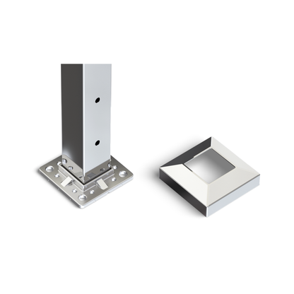 Square End Post with Straight Fixed Saddle - Round Handrail - 960mm High - 50.8 x 50.8 x 3mm Tube - 11 x 9mm Holes in 1 Side - Heavy Duty Base Plate and Cover - 316 Grade Stainless Steel Mirror polished