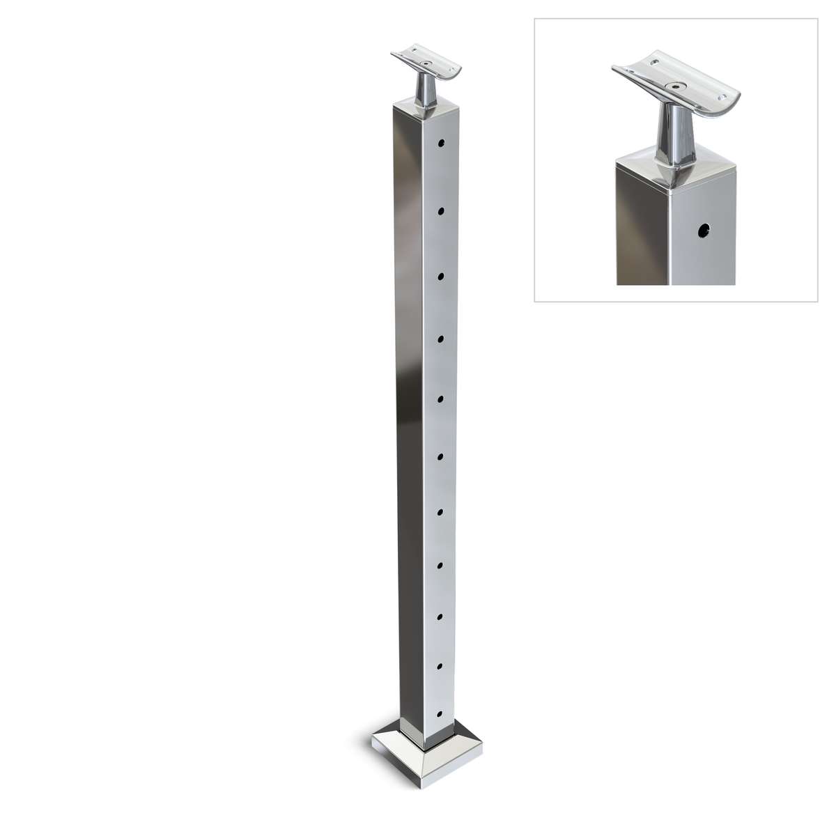 Square End Post with Straight Fixed Saddle - Round Handrail - 960mm High - 50.8 x 50.8 x 3mm Tube - 11 x 9mm Holes in 1 Side - Heavy Duty Base Plate and Cover - 316 Grade Stainless Steel Mirror polished
