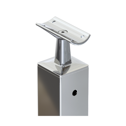Square End Post with Straight Fixed Saddle - Round Handrail - 960mm High - 50.8 x 50.8 x 3mm Tube - 11 x 9mm Holes in 1 Side - Heavy Duty Base Plate and Cover - 316 Grade Stainless Steel Mirror polished
