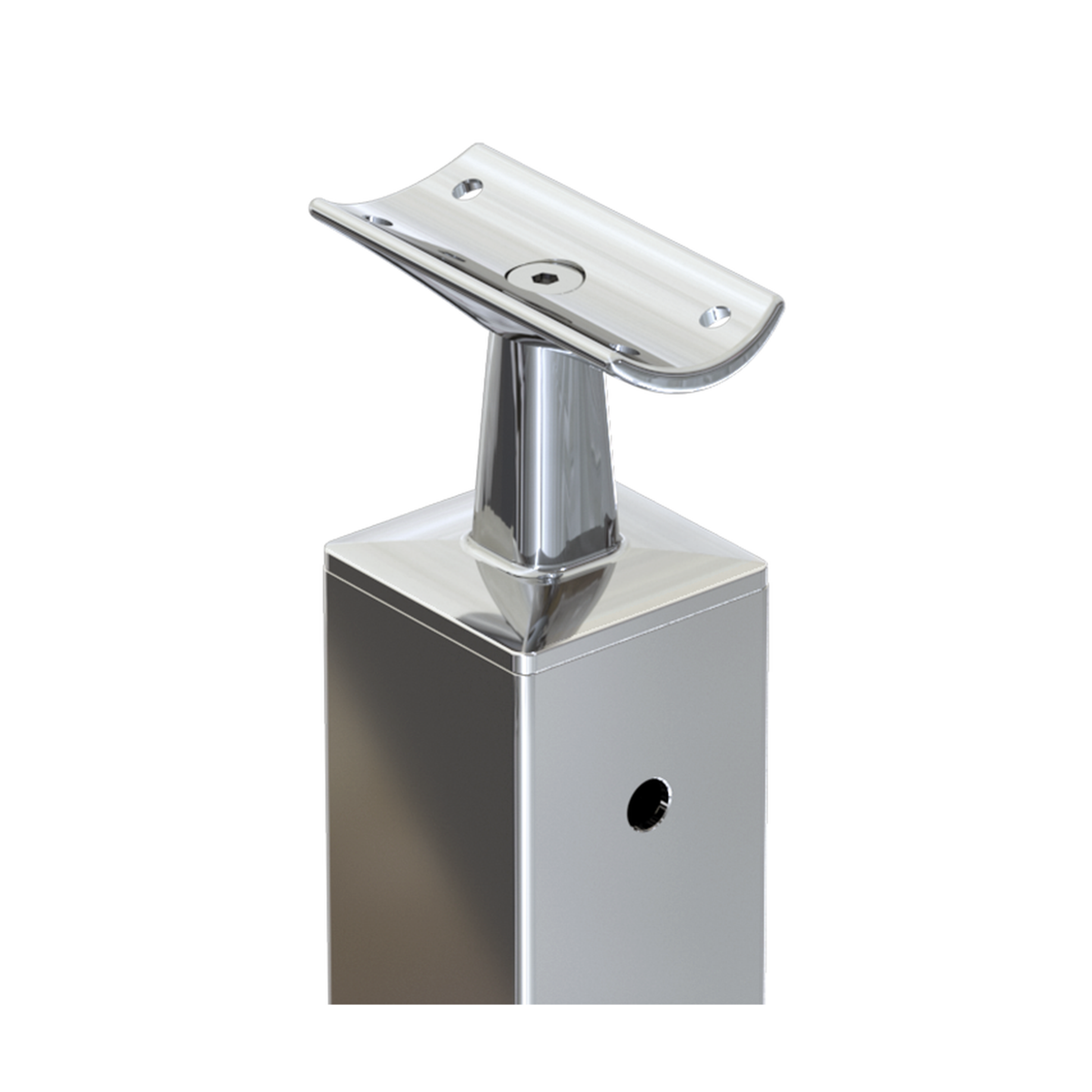 Square Intermediate Post with Straight Fixed Saddle - Round Handrail - 960mm High - 50.8 x 50.8 x 1.6mm Tube - 22 x 8mm Holes in 2 Sides - Heavy Duty Base Plate and Cover - 316 Grade Stainless Steel Mirror polished