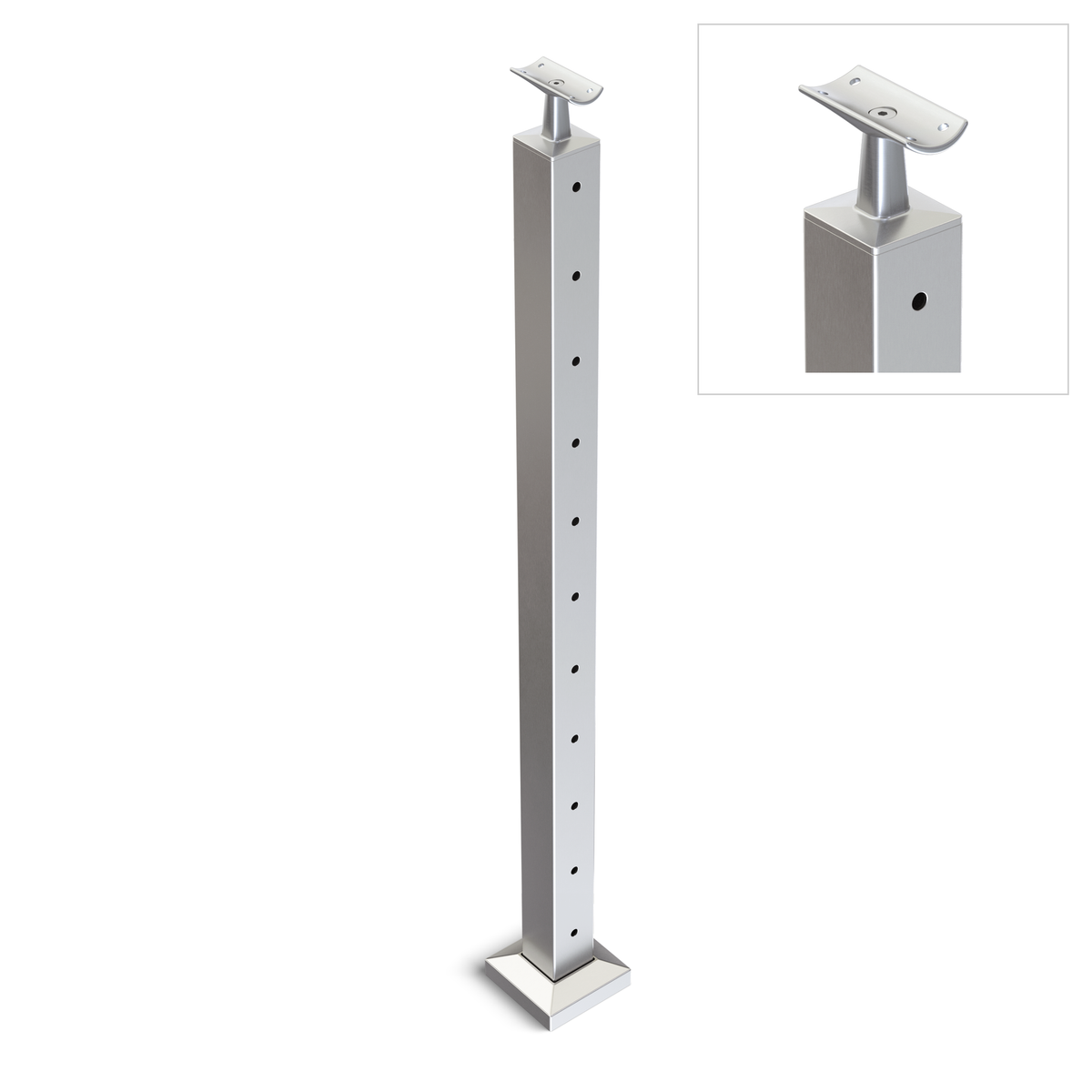 Square End Post with Straight Fixed Saddle - Round Handrail - 960mm High - 50.8 x 50.8 x 3mm Tube - 11 x 9mm Holes in 1 Side - Heavy Duty Base Plate and Cover - 316 Grade Stainless Steel Satin finish