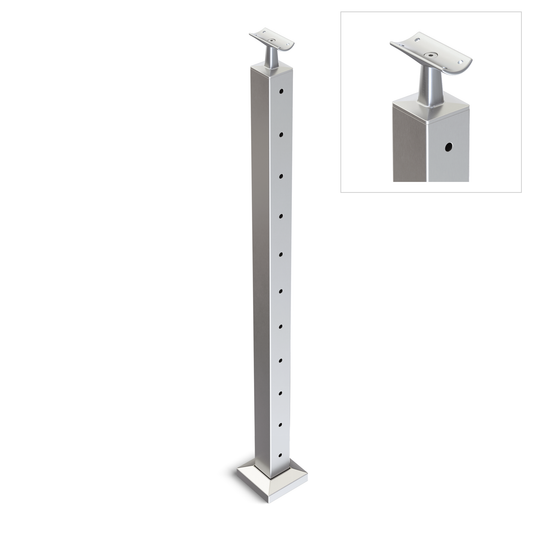 Square End Post with Straight Fixed Saddle - Round Handrail - 960mm High - 50.8 x 50.8 x 3mm Tube - 11 x 9mm Holes in 1 Side - Heavy Duty Base Plate and Cover - 316 Grade Stainless Steel Satin finish