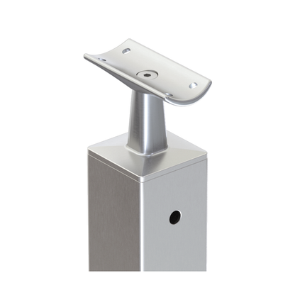 Square Intermediate Post with Straight Fixed Saddle - Round Handrail - 960mm High - 50.8 x 50.8 x 1.6mm Tube - 22 x 8mm Holes in 2 Sides - Heavy Duty Base Plate and Cover - 316 Grade Stainless Steel Satin finish