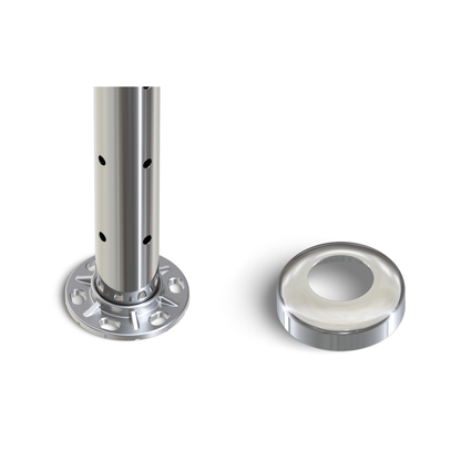 Round Corner Post with Corner Fixed Saddle - Flat Handrail - 960mm High - 50.8 x 3mm Tube - 22 x 9mm Holes in 2 Sides - Heavy Duty Base Plate and Cover - 316 Grade Stainless Steel Mirror polished