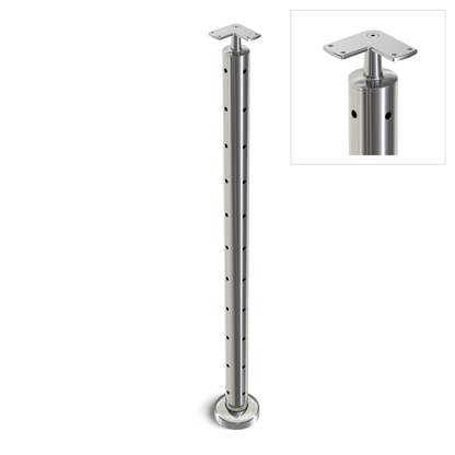 Round Corner Post with Corner Fixed Saddle - Flat Handrail - 960mm High - 50.8 x 3mm Tube - 22 x 9mm Holes in 2 Sides - Heavy Duty Base Plate and Cover - 316 Grade Stainless Steel Mirror polished