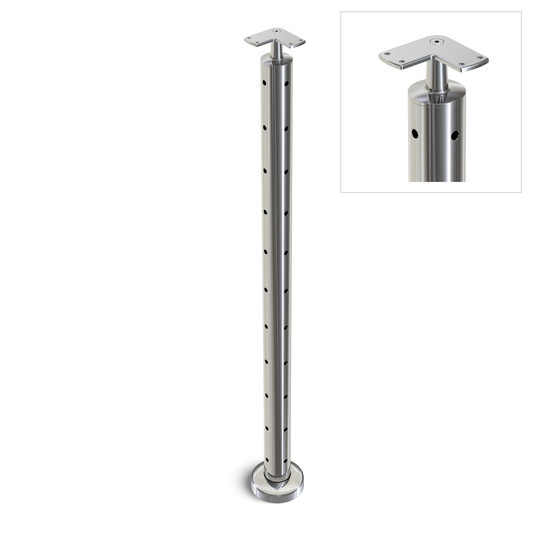 Round Corner Post with Corner Fixed Saddle - Flat Handrail - 960mm High - 50.8 x 3mm Tube - 22 x 9mm Holes in 2 Sides - Heavy Duty Base Plate and Cover - 316 Grade Stainless Steel Mirror polished