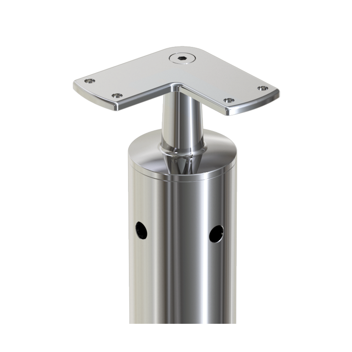 Round Corner Post with Corner Fixed Saddle - Flat Handrail - 960mm High - 50.8 x 3mm Tube - 22 x 9mm Holes in 2 Sides - Heavy Duty Base Plate and Cover - 316 Grade Stainless Steel Mirror polished