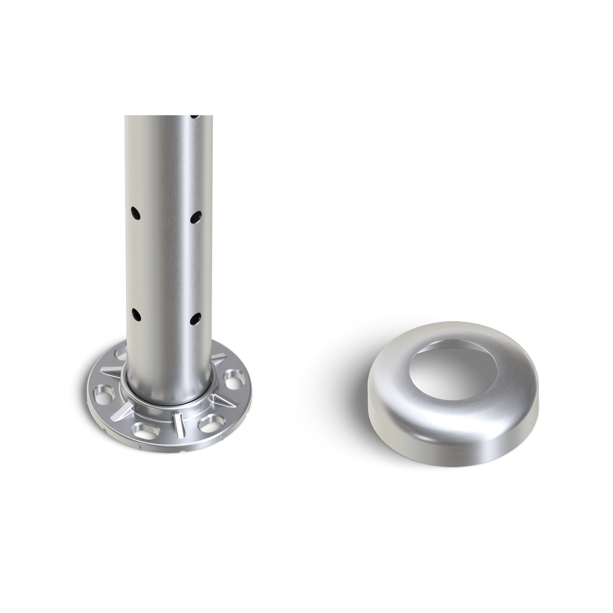 Round Corner Post with Corner Fixed Saddle - Flat Handrail - 960mm High - 50.8 x 3mm Tube - 22 x 9mm Holes in 2 Sides - Heavy Duty Base Plate and Cover - 316 Grade Stainless Steel Satin finish