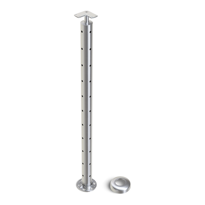 Round Corner Post with Corner Fixed Saddle - Flat Handrail - 960mm High - 50.8 x 3mm Tube - 22 x 9mm Holes in 2 Sides - Heavy Duty Base Plate and Cover - 316 Grade Stainless Steel Satin finish