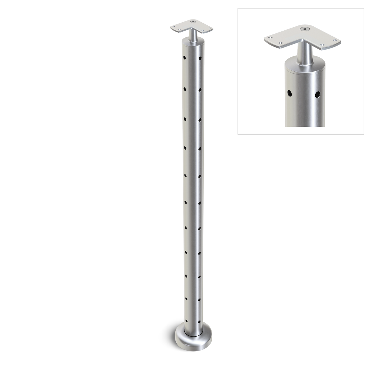 Round Corner Post with Corner Fixed Saddle - Flat Handrail - 960mm High - 50.8 x 3mm Tube - 22 x 9mm Holes in 2 Sides - Heavy Duty Base Plate and Cover - 316 Grade Stainless Steel Satin finish