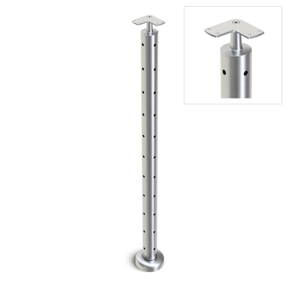 Round Corner Post with Corner Fixed Saddle - Flat Handrail - 960mm High - 50.8 x 3mm Tube - 22 x 9mm Holes in 2 Sides - Heavy Duty Base Plate and Cover - 316 Grade Stainless Steel Satin finish