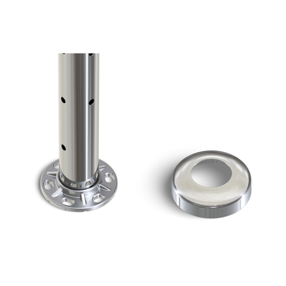 Round Corner Post with Corner Fixed Saddle - Round Handrail - 960mm High - 50.8 x 3mm Tube - 22 x 9mm Holes in 2 Sides - Heavy Duty Base Plate and Cover - 316 Grade Stainless Steel Mirror polished