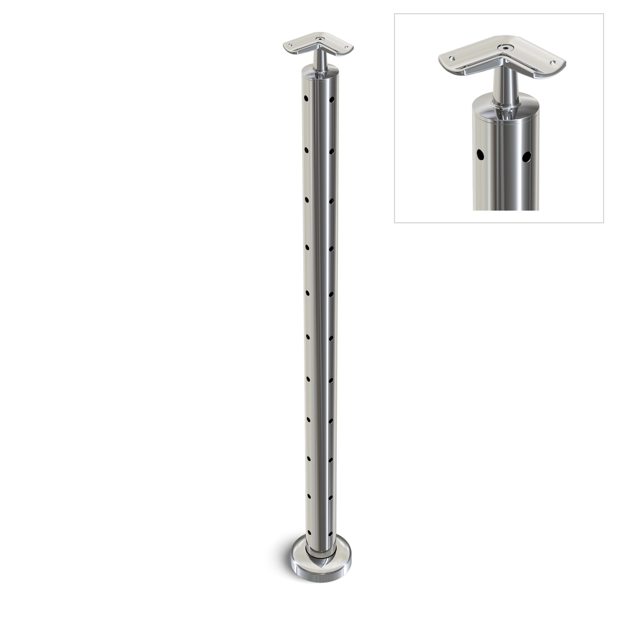 Round Corner Post with Corner Fixed Saddle - Round Handrail - 960mm High - 50.8 x 3mm Tube - 22 x 9mm Holes in 2 Sides - Heavy Duty Base Plate and Cover - 316 Grade Stainless Steel Mirror polished