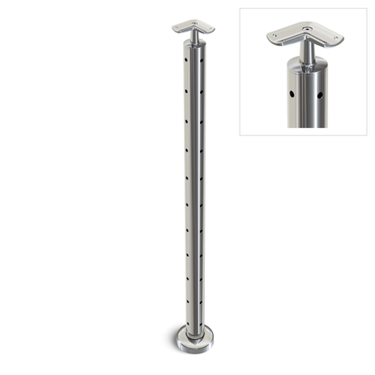 Round Corner Post with Corner Fixed Saddle - Round Handrail - 960mm High - 50.8 x 3mm Tube - 22 x 9mm Holes in 2 Sides - Heavy Duty Base Plate and Cover - 316 Grade Stainless Steel Mirror polished