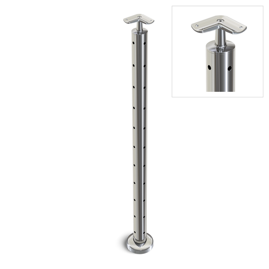 Round Corner Post with Corner Fixed Saddle - Round Handrail - 960mm High - 50.8 x 3mm Tube - 22 x 9mm Holes in 2 Sides - Heavy Duty Base Plate and Cover - 316 Grade Stainless Steel Mirror polished