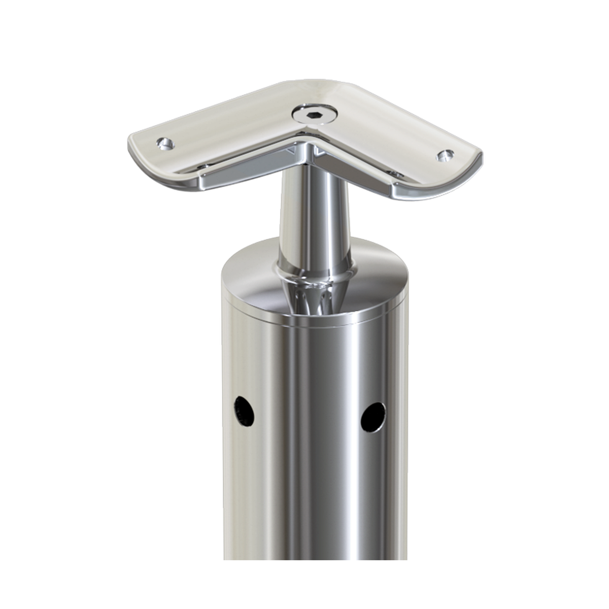 Round Corner Post with Corner Fixed Saddle - Round Handrail - 960mm High - 50.8 x 3mm Tube - 22 x 9mm Holes in 2 Sides - Heavy Duty Base Plate and Cover - 316 Grade Stainless Steel Mirror polished