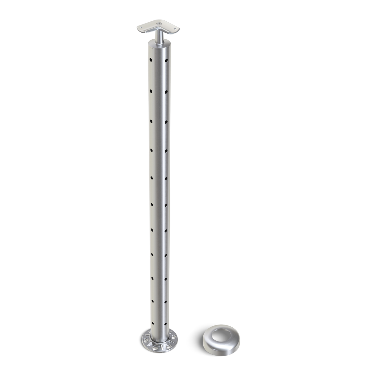 Round Corner Post with Corner Fixed Saddle - Round Handrail - 960mm High - 50.8 x 3mm Tube - 22 x 9mm Holes in 2 Sides - Heavy Duty Base Plate and Cover - 316 Grade Stainless Steel Satin finish