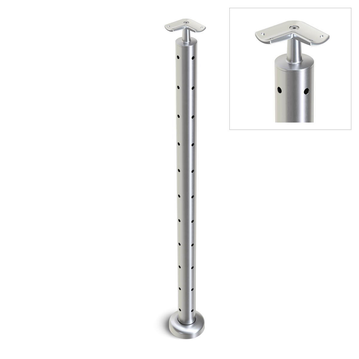 Round Corner Post with Corner Fixed Saddle - Round Handrail - 960mm High - 50.8 x 3mm Tube - 22 x 9mm Holes in 2 Sides - Heavy Duty Base Plate and Cover - 316 Grade Stainless Steel Satin finish
