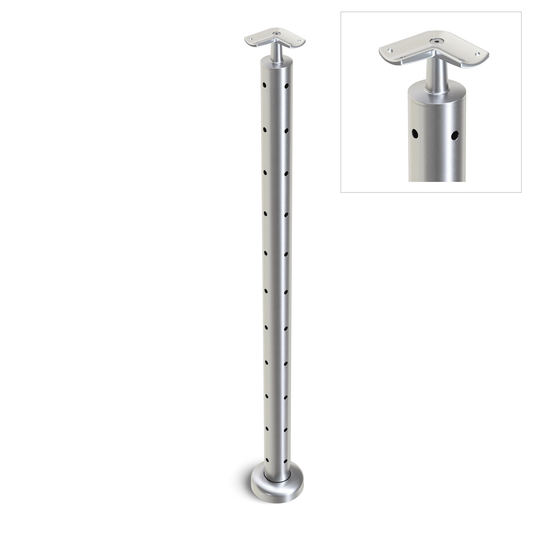 Round Corner Post with Corner Fixed Saddle - Round Handrail - 960mm High - 50.8 x 3mm Tube - 22 x 9mm Holes in 2 Sides - Heavy Duty Base Plate and Cover - 316 Grade Stainless Steel Satin finish