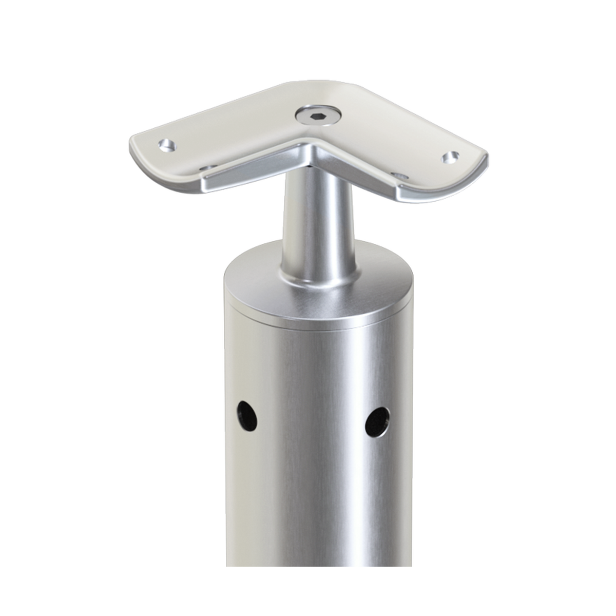 Round Corner Post with Corner Fixed Saddle - Round Handrail - 960mm High - 50.8 x 3mm Tube - 22 x 9mm Holes in 2 Sides - Heavy Duty Base Plate and Cover - 316 Grade Stainless Steel Satin finish