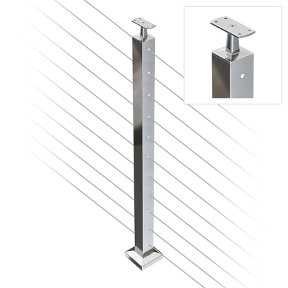 Square Intermediate Post with Straight Fixed Saddle - Flat Handrail - 960mm High - 50.8 x 50.8 x 1.6mm Tube - 22 x 8mm Holes in 2 Sides - Heavy Duty Base Plate and Cover - 316 Grade Stainless Steel Mirror polished