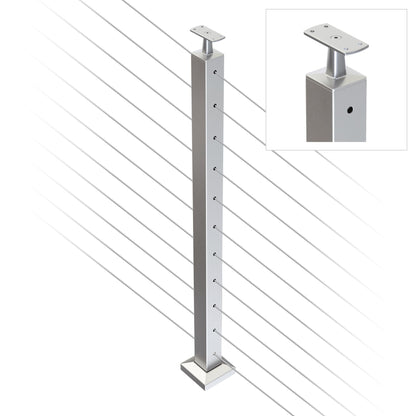 Square Intermediate Post with Straight Fixed Saddle - Flat Handrail - 960mm High - 50.8 x 50.8 x 1.6mm Tube - 22 x 8mm Holes in 2 Sides - Heavy Duty Base Plate and Cover - 316 Grade Stainless Steel Satin finish