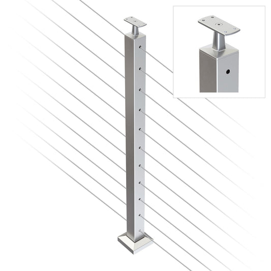 Square Intermediate Post with Straight Fixed Saddle - Flat Handrail - 960mm High - 50.8 x 50.8 x 1.6mm Tube - 22 x 8mm Holes in 2 Sides - Heavy Duty Base Plate and Cover - 316 Grade Stainless Steel Satin finish