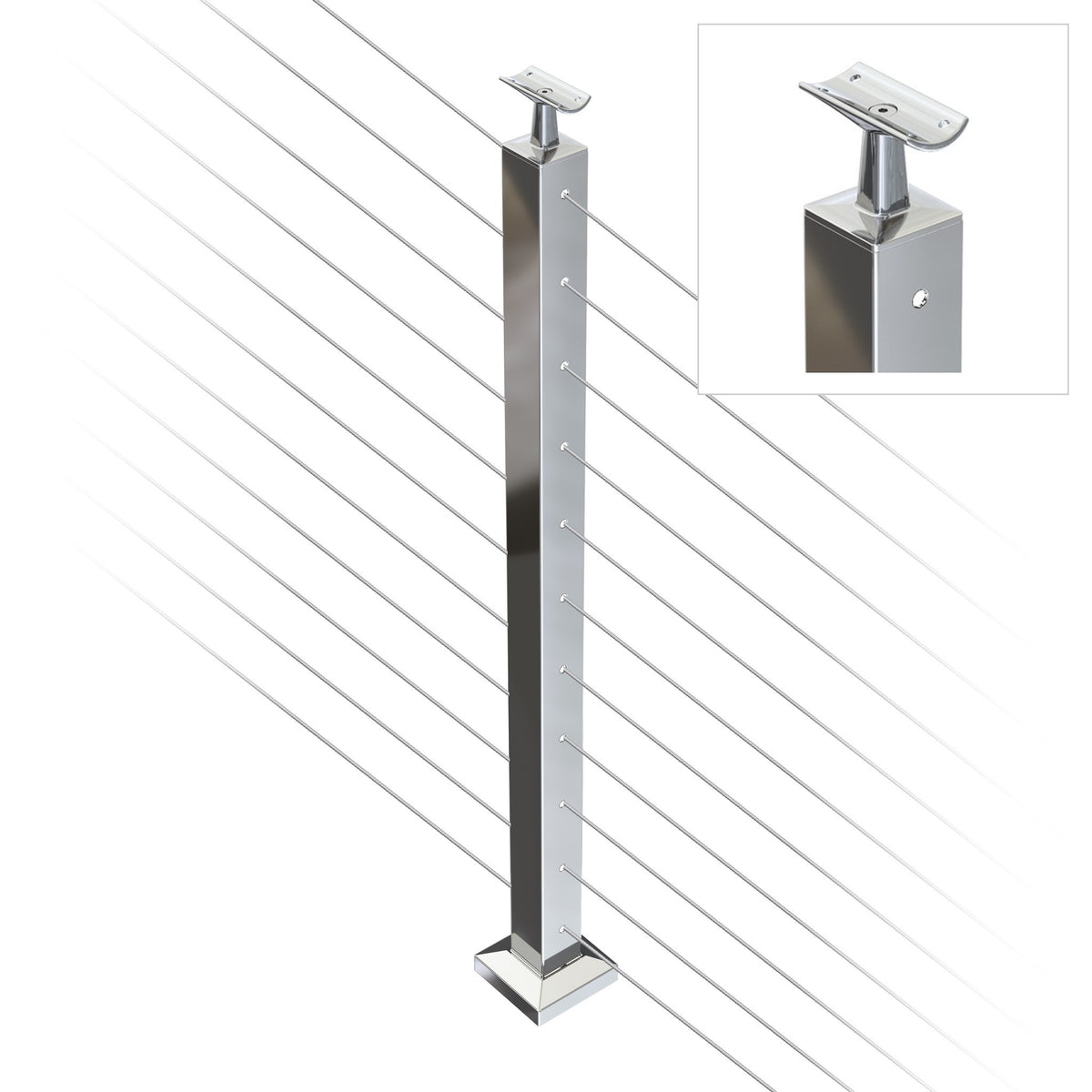 Square Intermediate Post with Straight Fixed Saddle - Round Handrail - 960mm High - 50.8 x 50.8 x 1.6mm Tube - 22 x 8mm Holes in 2 Sides - Heavy Duty Base Plate and Cover - 316 Grade Stainless Steel Mirror polished