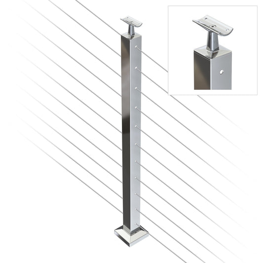Square Intermediate Post with Straight Fixed Saddle - Round Handrail - 960mm High - 50.8 x 50.8 x 1.6mm Tube - 22 x 8mm Holes in 2 Sides - Heavy Duty Base Plate and Cover - 316 Grade Stainless Steel Mirror polished