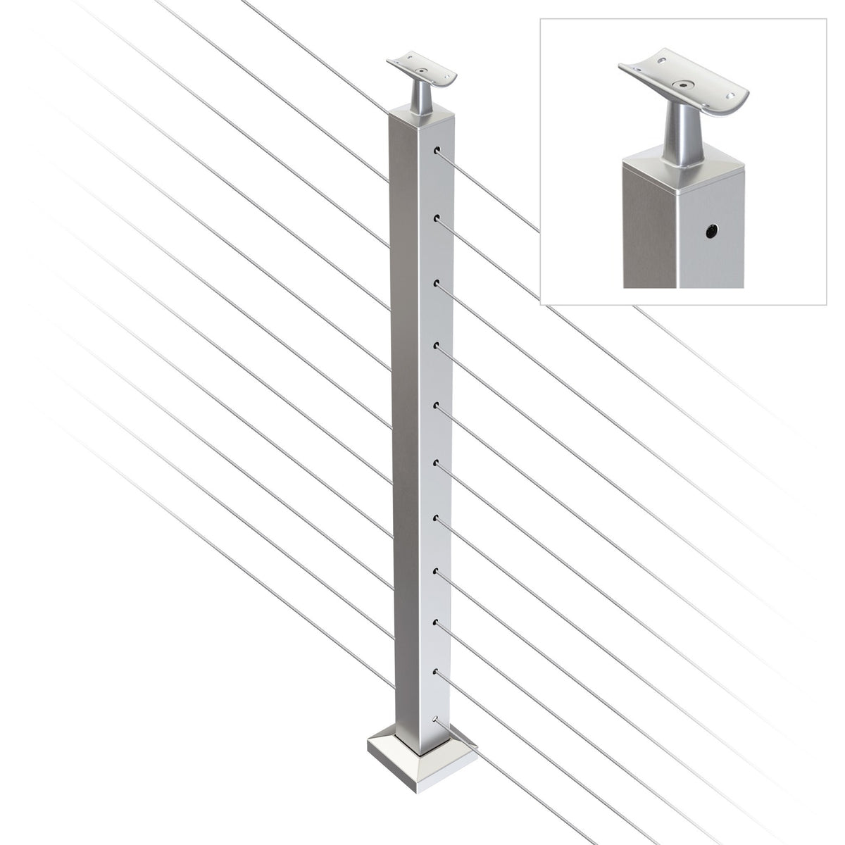 Square Intermediate Post with Straight Fixed Saddle - Round Handrail - 960mm High - 50.8 x 50.8 x 1.6mm Tube - 22 x 8mm Holes in 2 Sides - Heavy Duty Base Plate and Cover - 316 Grade Stainless Steel Satin finish