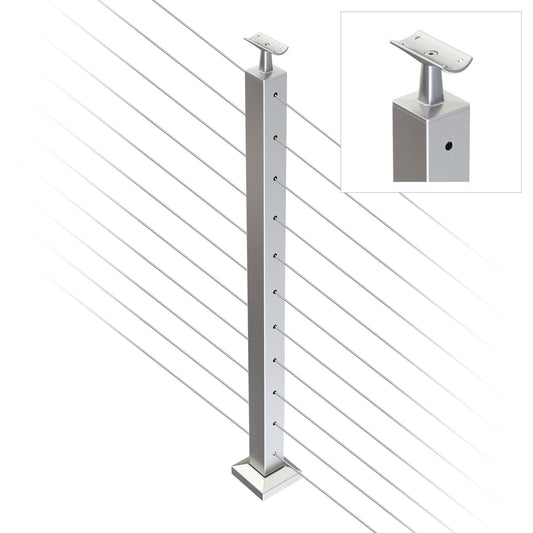 Square Intermediate Post with Straight Fixed Saddle - Round Handrail - 960mm High - 50.8 x 50.8 x 1.6mm Tube - 22 x 8mm Holes in 2 Sides - Heavy Duty Base Plate and Cover - 316 Grade Stainless Steel Satin finish