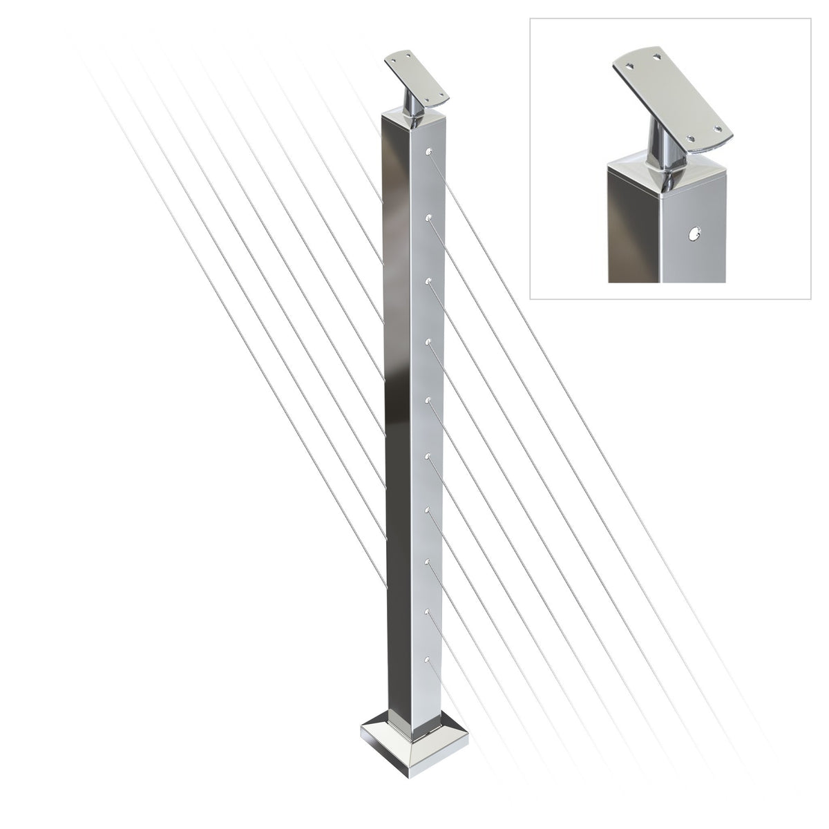 Square Stair Intermediate Post with Straight Adjustable Saddle - Flat Handrail - 960mm High - 50.8 x 50.8 x 1.6mm Tube - Up to 11 x 9.5mm Holes in 2 Sides - Heavy Duty Base Plate and Cover - 316 Grade Stainless Steel Mirror polished