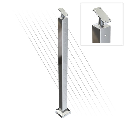 Square Stair Intermediate Post with Straight Adjustable Saddle - Flat Handrail - 960mm High - 50.8 x 50.8 x 1.6mm Tube - Up to 11 x 9.5mm Holes in 2 Sides - Heavy Duty Base Plate and Cover - 316 Grade Stainless Steel Mirror polished