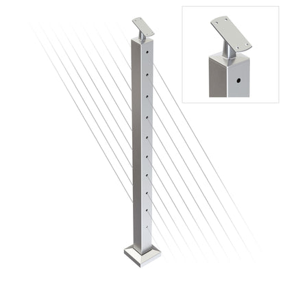 Square Stair Intermediate Post with Straight Adjustable Saddle - Flat Handrail - 960mm High - 50.8 x 50.8 x 1.6mm Tube - Up to 11 x 9.5mm Holes in 2 Sides - Heavy Duty Base Plate and Cover - 316 Grade Stainless Steel Satin finish