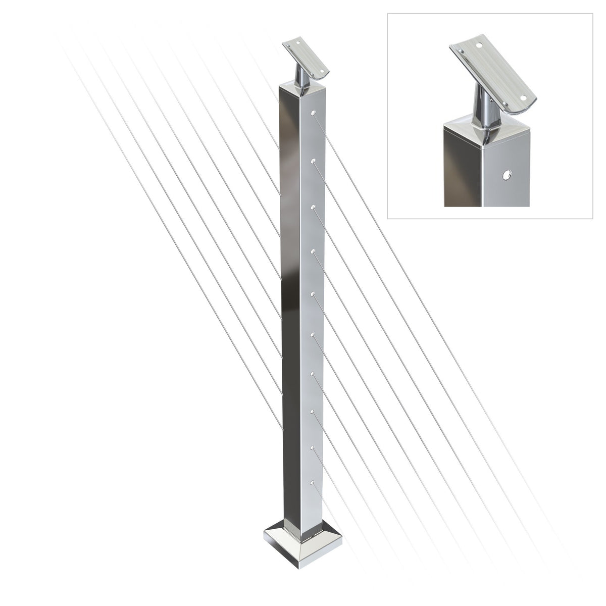 Square Stair Intermediate Post with Straight Adjustable Saddle - Round Handrail - 960mm High - 50.8 x 50.8 x 1.6mm Tube - Up to 11 x 9.5mm Holes in 2 Sides - Heavy Duty Base Plate and Cover - 316 Grade Stainless Steel Mirror polished