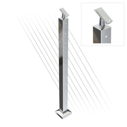Square Stair Intermediate Post with Straight Adjustable Saddle - Round Handrail - 960mm High - 50.8 x 50.8 x 1.6mm Tube - Up to 11 x 9.5mm Holes in 2 Sides - Heavy Duty Base Plate and Cover - 316 Grade Stainless Steel Mirror polished