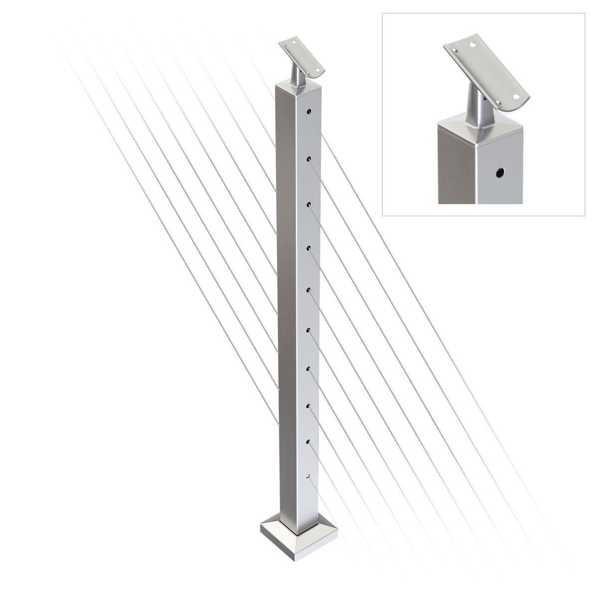 Square Stair Intermediate Post with Straight Adjustable Saddle - Round Handrail - 960mm High - 50.8 x 50.8 x 1.6mm Tube - Up to 11 x 9.5mm Holes in 2 Sides - Heavy Duty Base Plate and Cover - 316 Grade Stainless Steel Satin finish