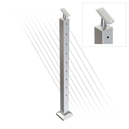 Square Stair Intermediate Post with Straight Adjustable Saddle - Round Handrail - 960mm High - 50.8 x 50.8 x 1.6mm Tube - Up to 11 x 9.5mm Holes in 2 Sides - Heavy Duty Base Plate and Cover - 316 Grade Stainless Steel Satin finish