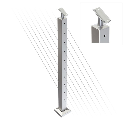 Square Stair Intermediate Post with Straight Adjustable Saddle - Round Handrail - 960mm High - 50.8 x 50.8 x 1.6mm Tube - Up to 11 x 9.5mm Holes in 2 Sides - Heavy Duty Base Plate and Cover - 316 Grade Stainless Steel Satin finish
