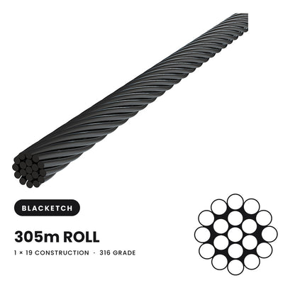 BlackEtch 3.2mm 1 x 19 Wire Rope 316 Grade Stainless Steel - 305 Metre Roll