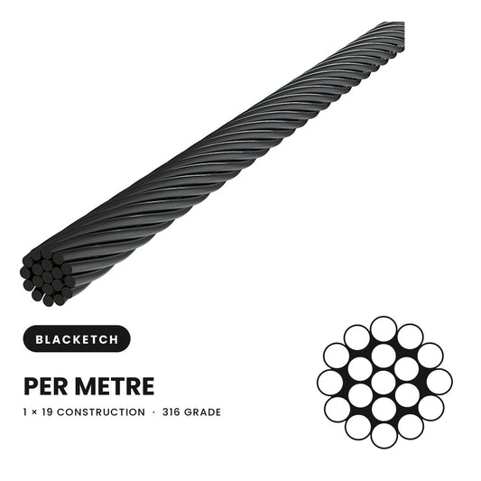 BlackEtch 3.2mm 1 x 19 Wire Rope 316 Grade Stainless Steel - Per Metre