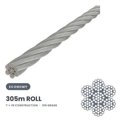 7 x 19 Wire Rope 316 Grade Stainless SIZES: 3.2mm - 6mm - 305 Metre Rolls
