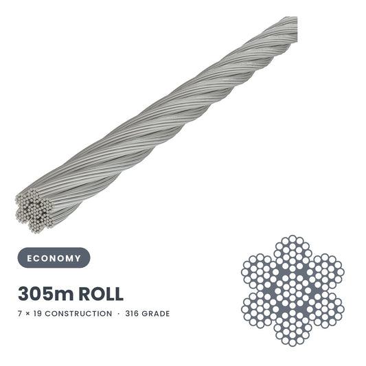 7 x 19 Wire Rope 316 Grade Stainless SIZES: 3.2mm - 6mm - 305 Metre Rolls