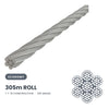7 x 19 Wire Rope 316 Grade Stainless SIZES: 3.2mm - 6mm - 305 Metre Rolls