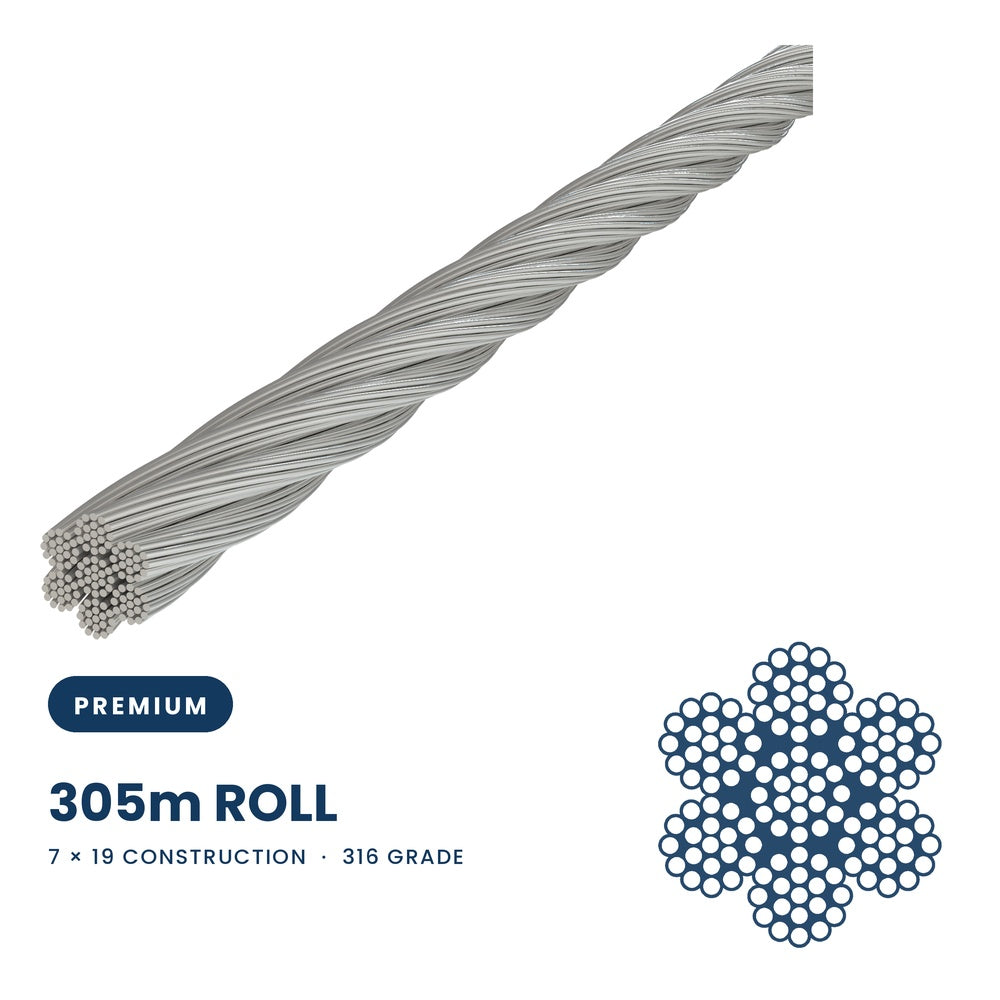 7 x 19 Wire Rope 316 Grade Stainless Steel - SIZES: 1.6mm - 16mm - 305 Metre Rolls
