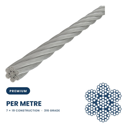 7 x 19 Wire Rope 316 Grade Stainless Steel - SIZES: 1.6mm - 16mm - Per Metre